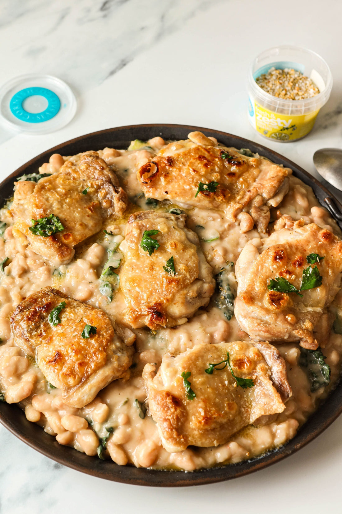 One-pot Lemon Butter Chicken Thighs & Creamy Beans