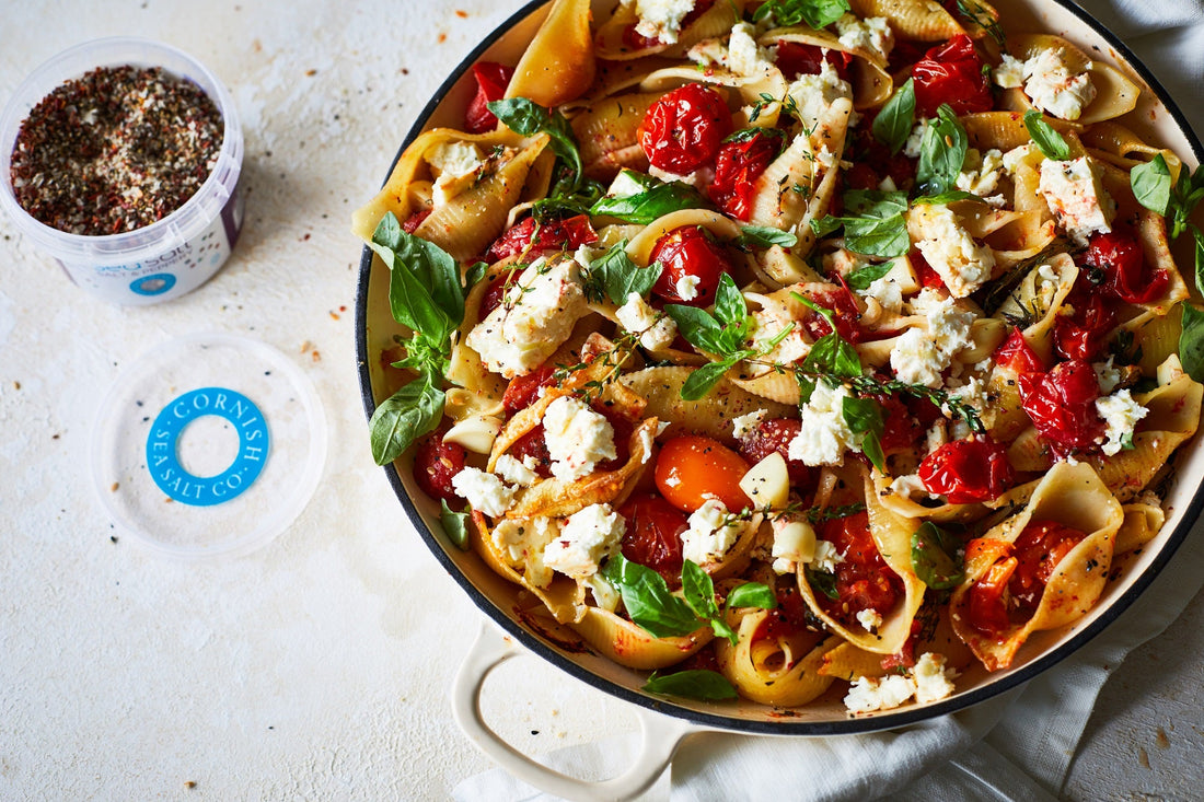 Baked Tomato and Feta filled Pasta Shells with Cornish Sea Salt & Peppery