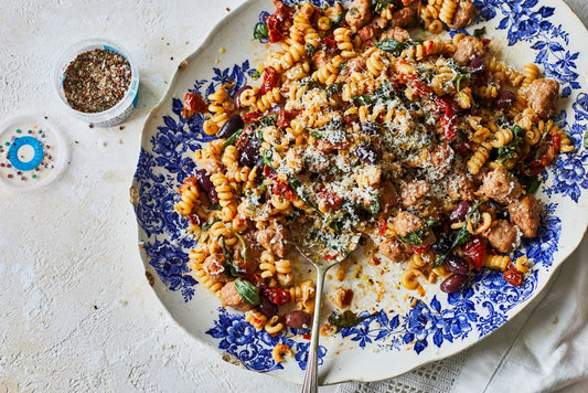 Sausage, sun dried tomato spinach pasta with Cornish Sea Salt & Peppery
